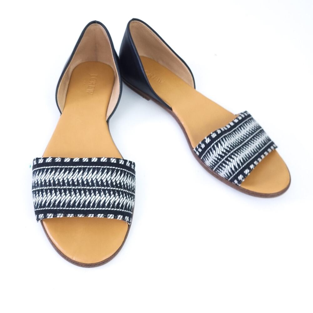 J. Crew F2028 Black Leather Striped Textile Women's Peep Toe D'Orsay Flats 9M